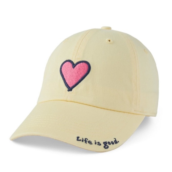 Life Is Good Accessories - Life is Good Adjustable Baseball Cap NWT Butter Yellow Embroidered Pink Heart